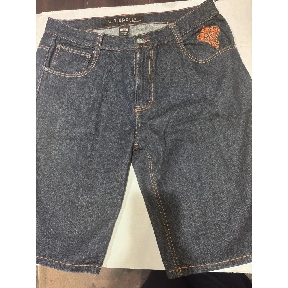 Vintage U T Sports Collections Baggy‎ Jean Shorts Y2K Embroidered Back Pockets